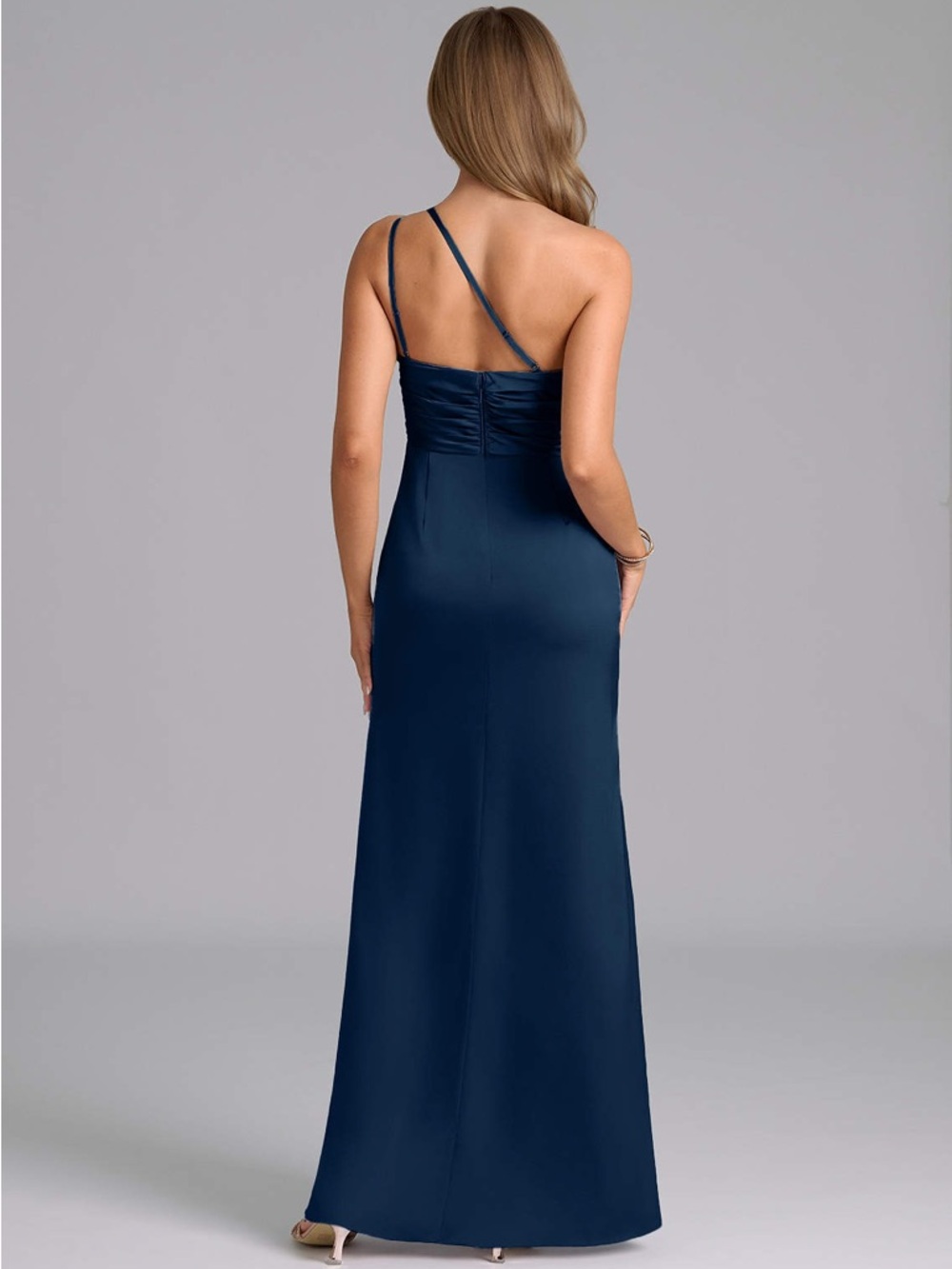 Azazie Navy One-Shoulder Evening Gown with Side Slit - Picture 2 of 2